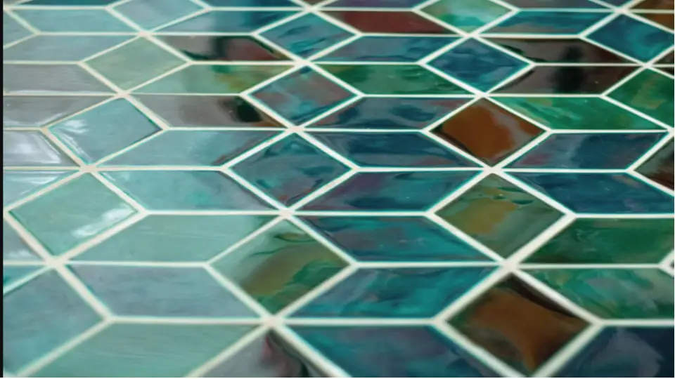 Glazed tiles in geometrical pattern with blue, green and red colours