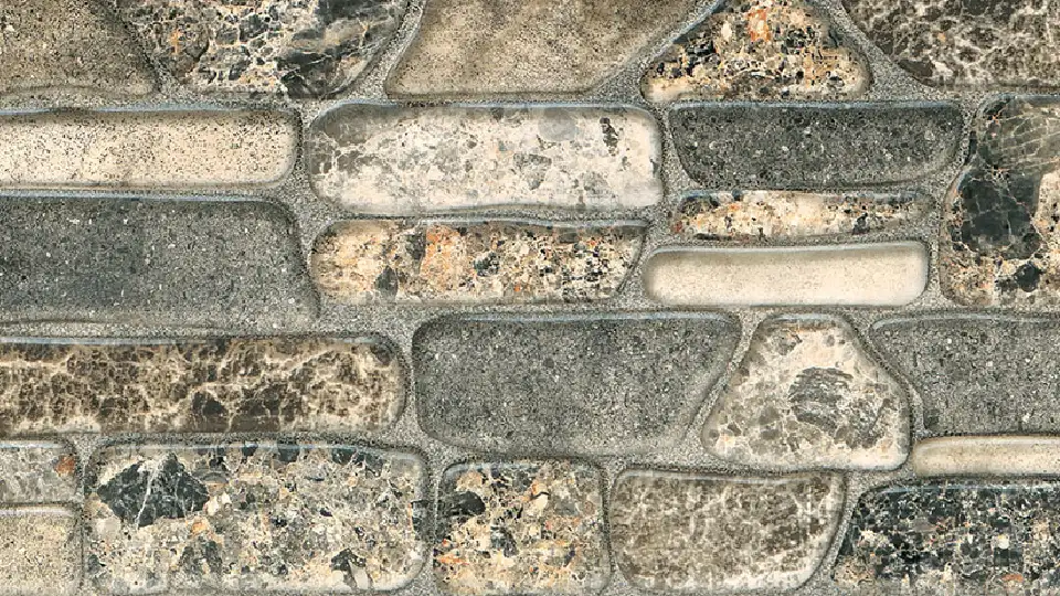 close-up view of stone tile in an irregular pattern with different sizes of stone fit together like a jigsaw puzzle