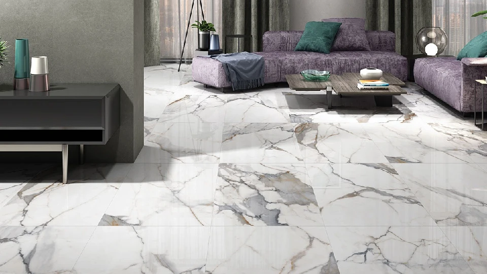 Digitally glazed tile laid out in living room, bigger tile size, price per sq ft