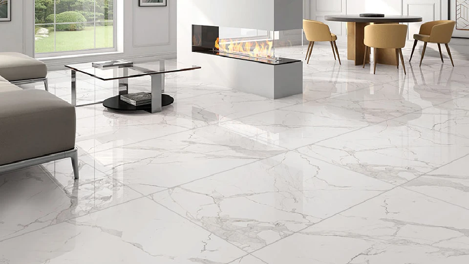 White and grey glazed vitrified tiles by Kajaria for living room, price per sq ft