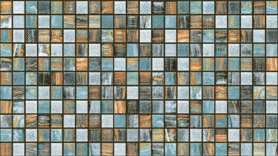 Glossy finish mosaic tiles in blue, brown and grey colours in small square pattern