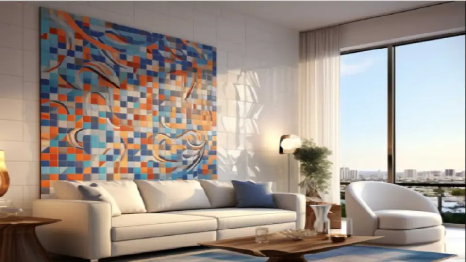 Mosaic flooring cost per sq ft on accent wall in multicolour geometric design in living room