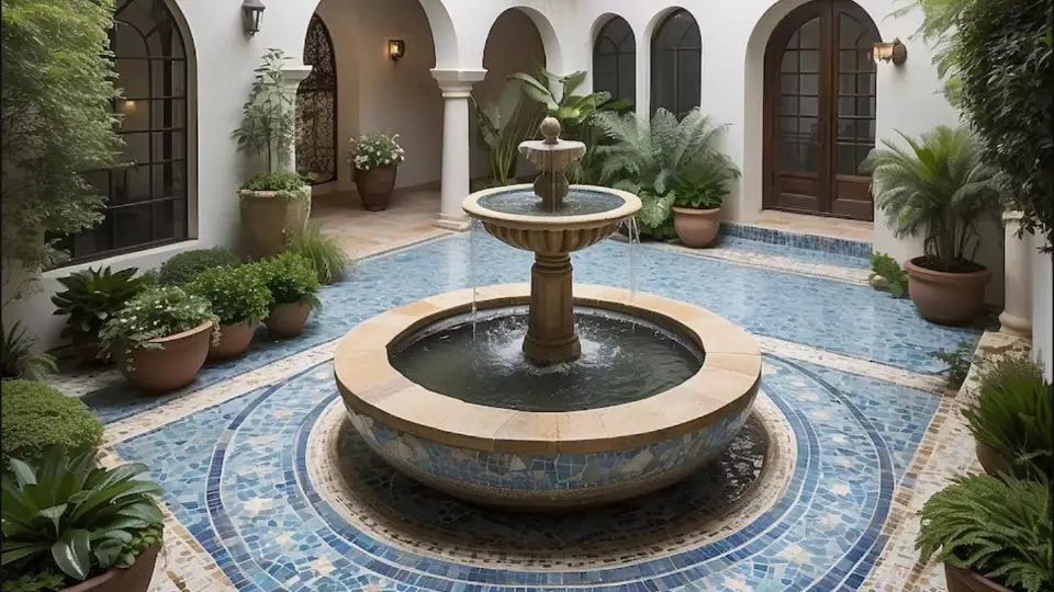 Water fountain with mosaic flooring cost per sq ft design in blue colour and plants on all sides