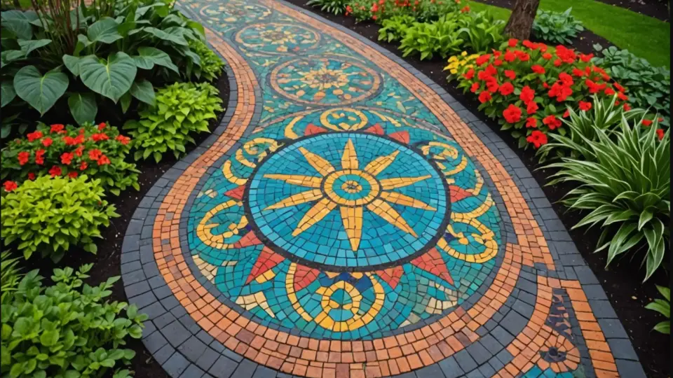 Mosaic flooring cost per sq ft on outdoor walkway in blue, grey, yellow, red, orange and black colours with plants on the side