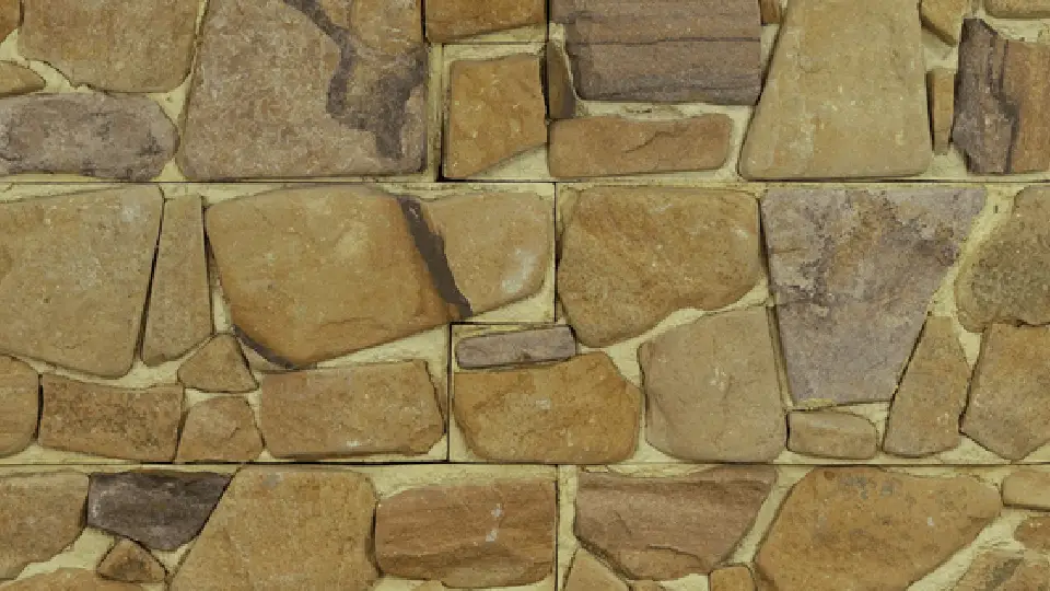 close-up view of exterior rock tiles comprising of irregularly shaped stones in different shades of brown, The stones fit tightly together, with smaller stones filling the gap