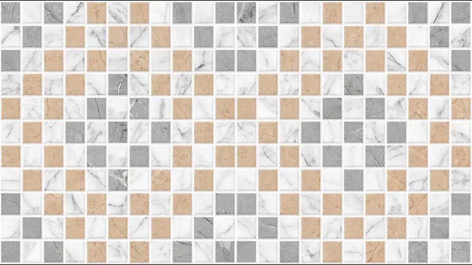 Glossy mosaic tiles in beige, grey and light grey colours and small squares