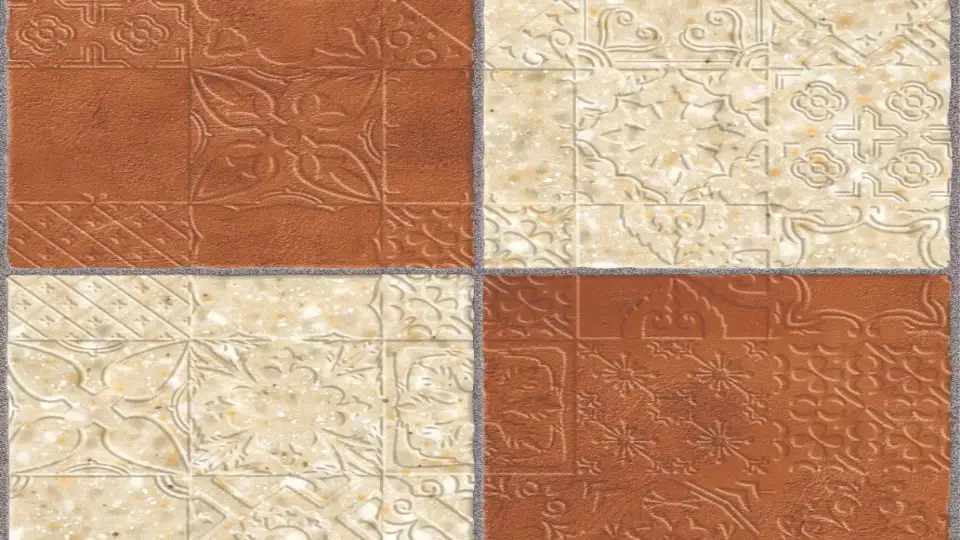 Embossed mosaic tiles in brown and beige colours in square shapes