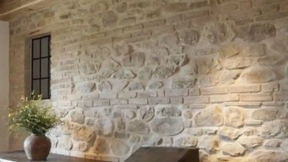 interior space with stones in the wall & wooden ceiling beams, a vase with yellow flower on a wooden table