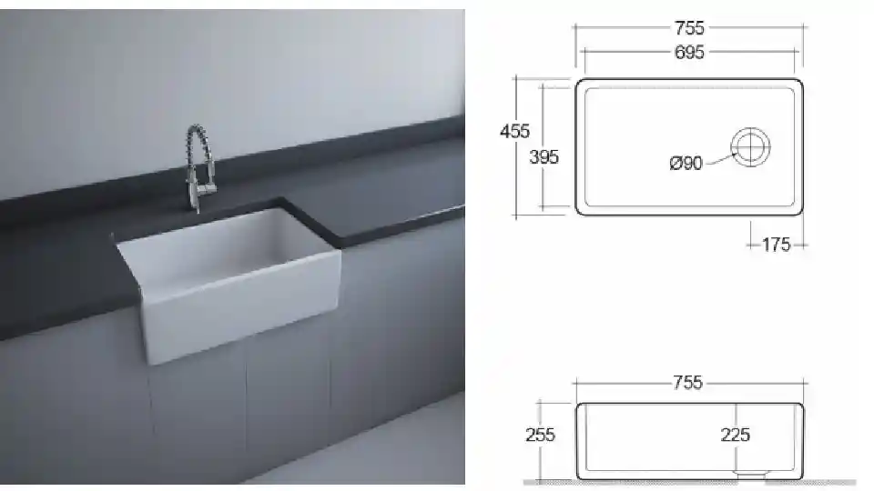 White farmhouse sink with dark grey countertop and light grey cabinet, and line diagram of a farmhouse sink with size on the right