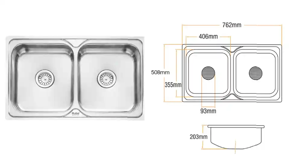 Product image of Ruhe double bowl kicthen sink with its line diagram