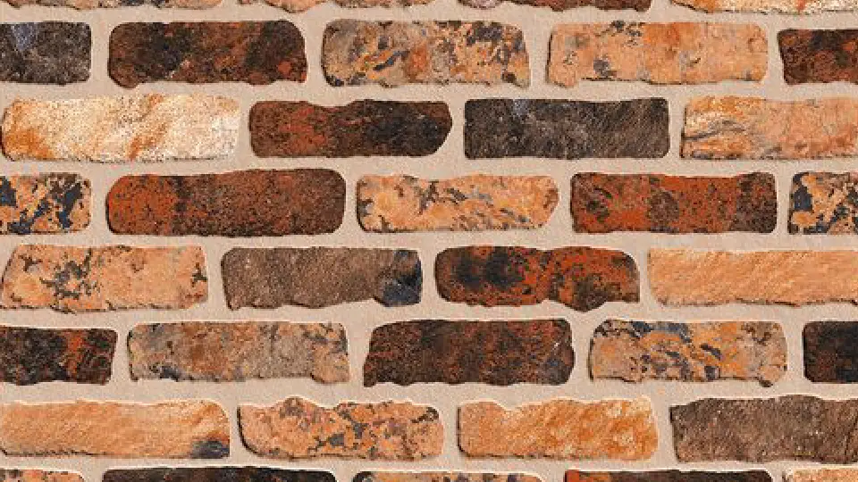 Brown-coloured rock tiles for wall with a rustic brick bonding appearance