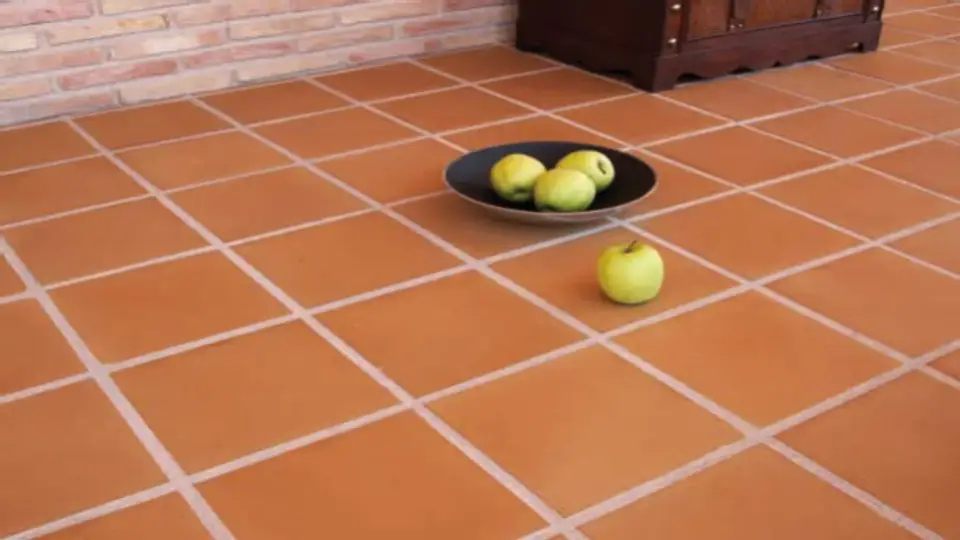 Unglazed finish tiles in orange colour with a black plate and green apples on it