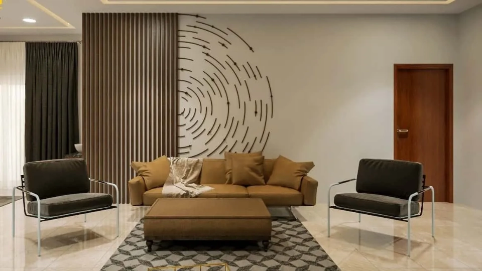 living room with brown sofa, table and a rug; designed by one of the top 10 interior designers in hyderabad