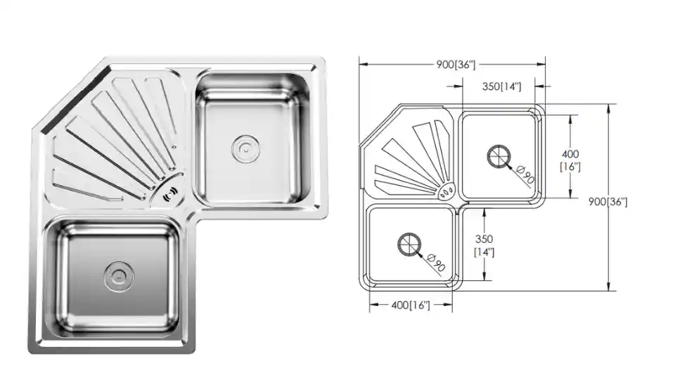 Cera corner sink with kitchen basin dimensions line diagram