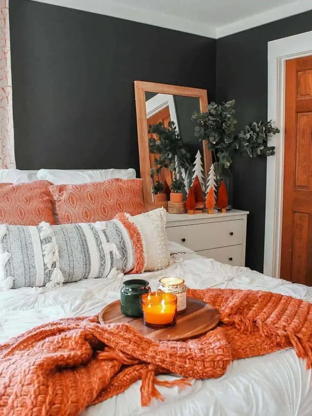 Bedroom decorated with autumn colours and autumn inspired decor