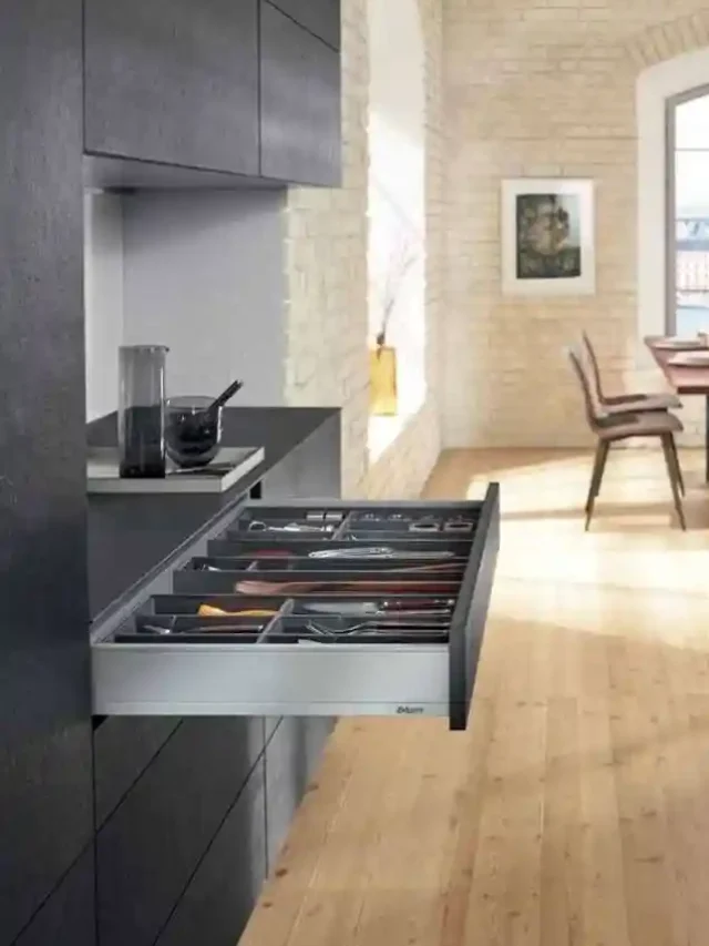 Blum grey drawer systems in modular kitchen