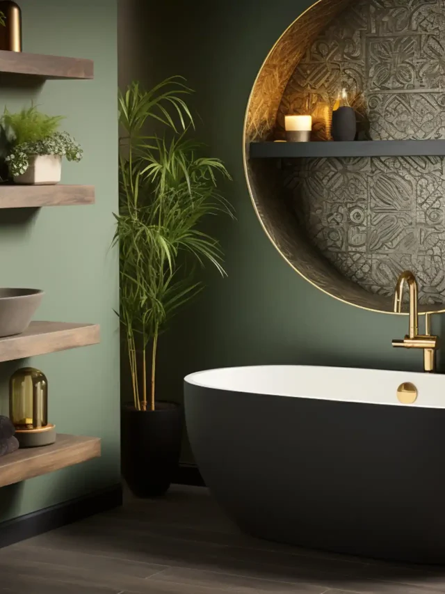 black marble bathtub with decorative accessories in boho themed bathroom