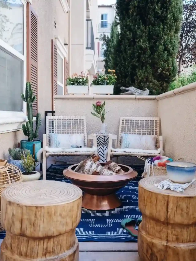 patio furniture for small outdoor spaces with iron chairs and wooden stools