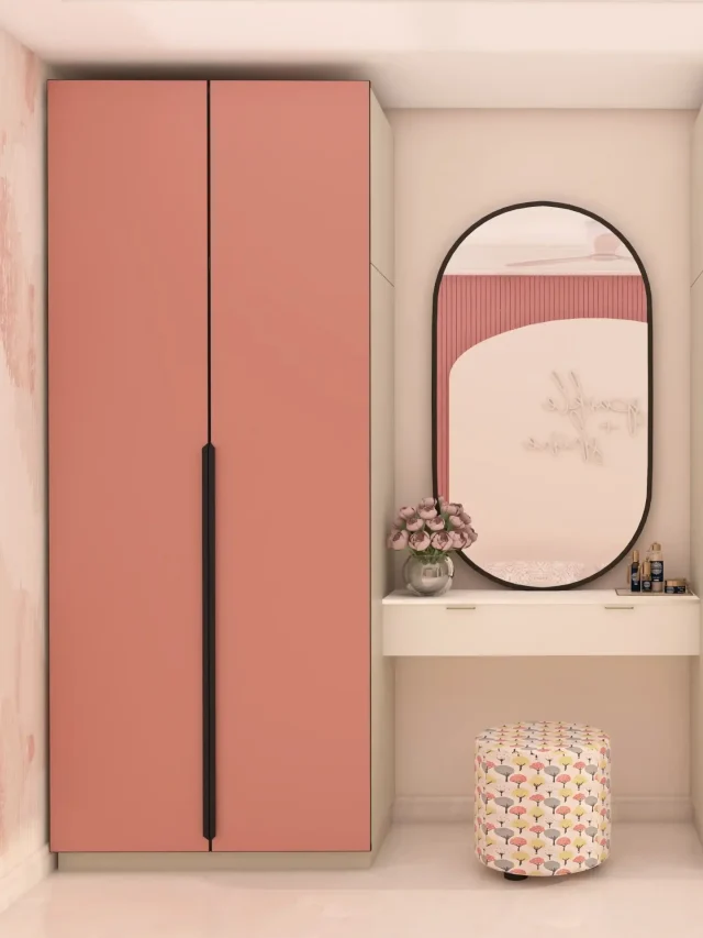 Pink wardrobe with dressing table design for bedroom