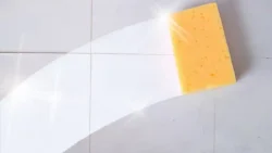 a sponge cleaning a white tile