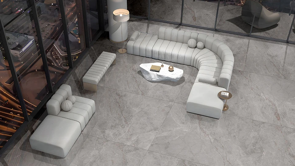 Grey living room with grey sofa and tiles Kajaria floor tiles 2x2, 2x4, 4x4 price per box