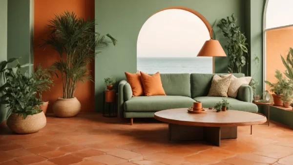 Rust orange and green coloured living room with terracotta tile installed