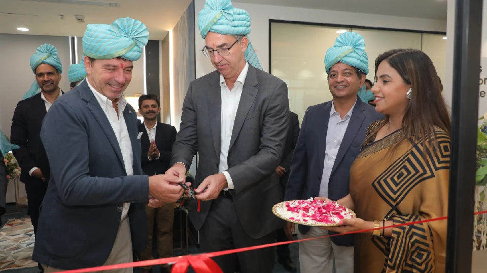 Till Reuter and other people participating in the ribbon cutting ceremony of the newly opened Dormakaba Customer Experience Centre in Delhi