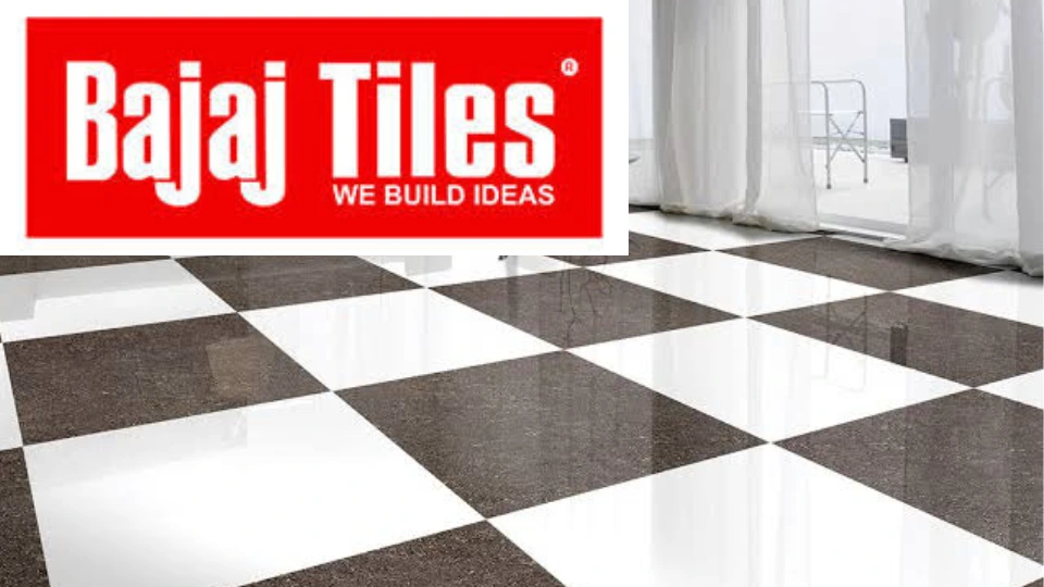 Bajaj tiles with logo and bathroom sink in black and white colour