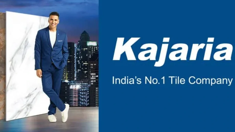 Kajaria brand banner image in blue colour with Akshay Kumar and Logo- Kajaria ceramics is among the best tile manufacturing companies in India