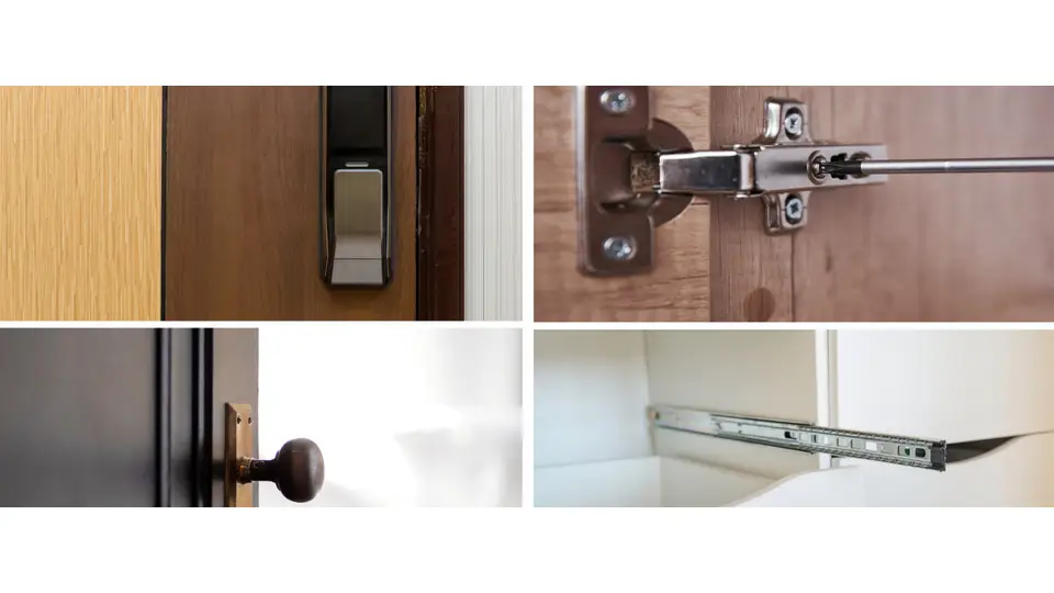 Different kinds of hardware - knobs, auto hinges, push to open cabinet hinges