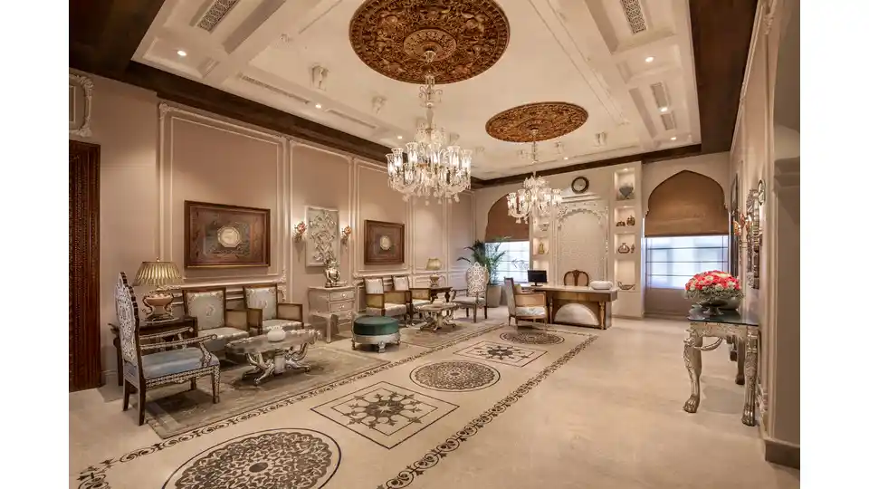 A hotel lobby with beautiful chandeliers