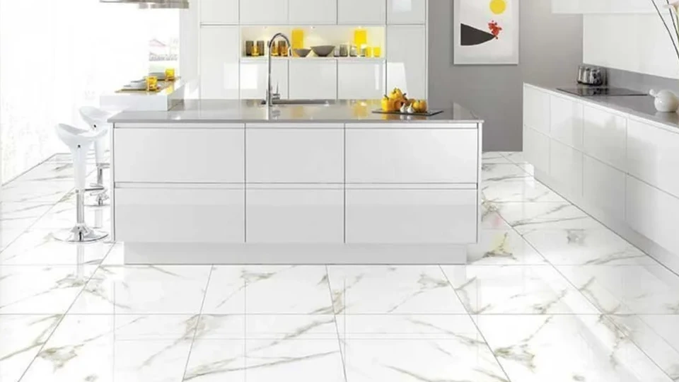 white kitchen with gorgeous flooring tiles