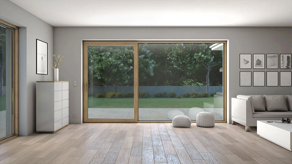 white living room with sliding doors