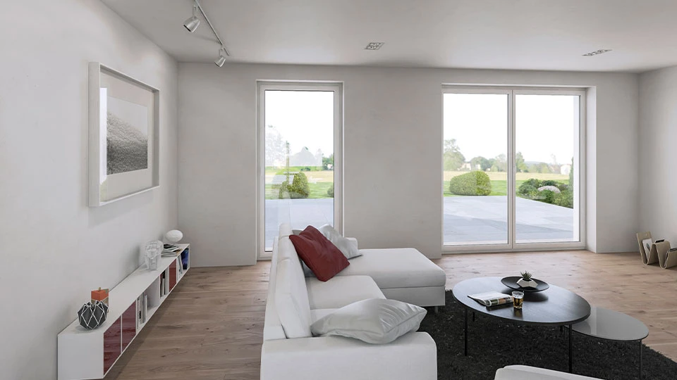 white living room with white sofa and sliding doors