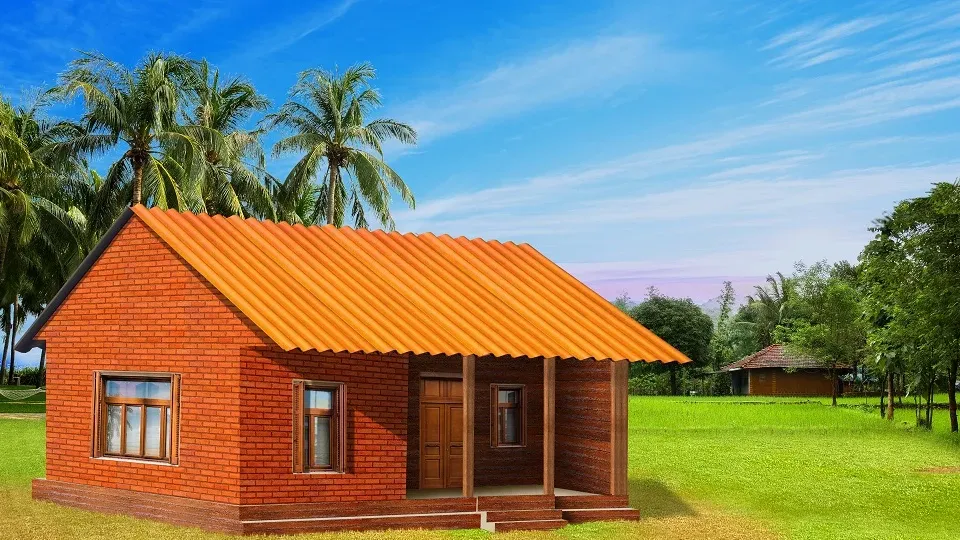 Couloured fibre cement sheet roof on a hut