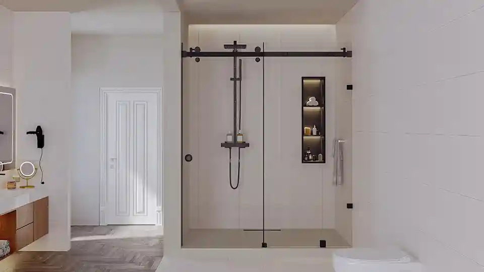 Ozone Eliza shower eclosure in a modern bathroom with glass partition