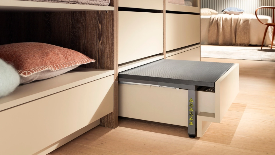 blum space step in grey finish - modern plinth solution for high and inaccessible storage spaces