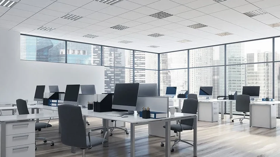 Cement board ceiling in office