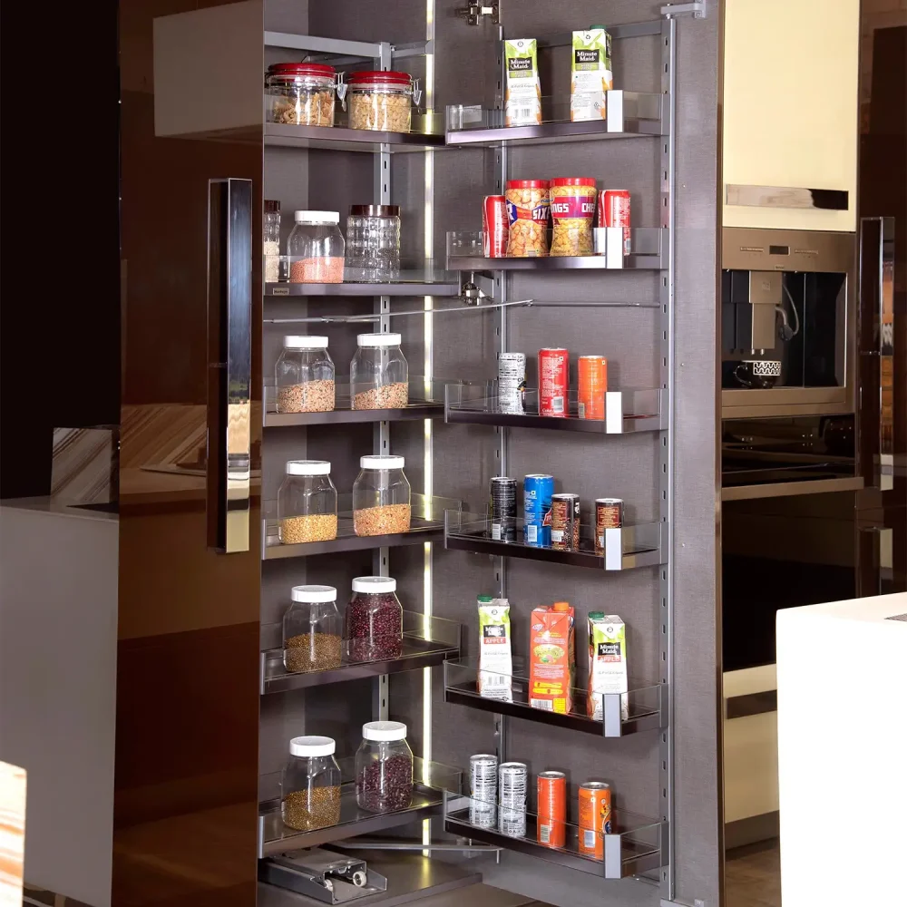 Hardwyn tall pantry pull out units in SS & glass for modern kitchens