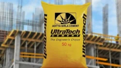 Ultratech cement, a 50 kg yellow-coloured bag of Ultratech cement