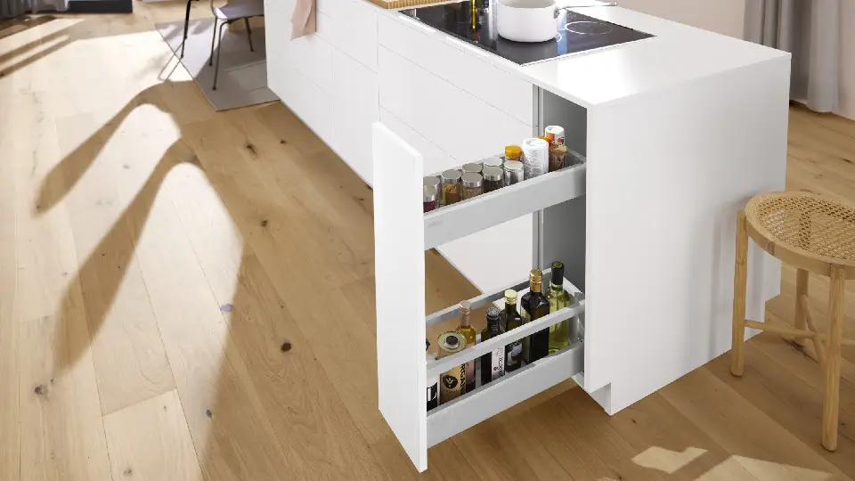 kitchen with brown wooden flooring and white countertops
