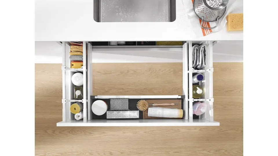 White blum under sink storage solution