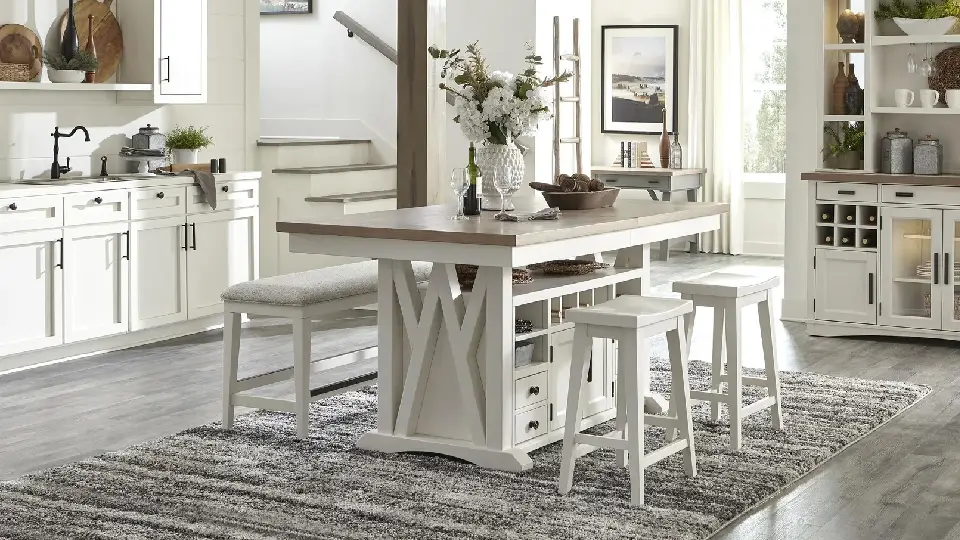 white dining room with table, chairs and rugs