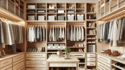 beige wardrobe with organised clothes