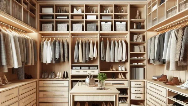 beige wardrobe with organised clothes