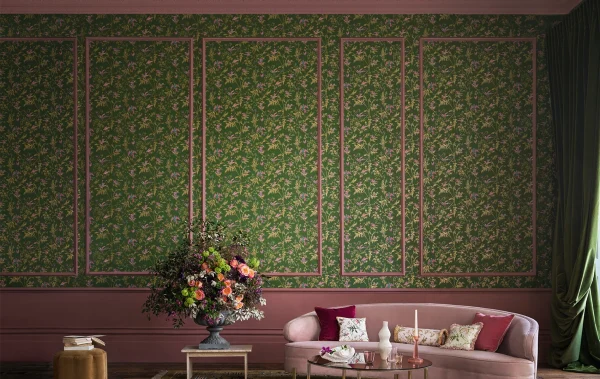 living room with pink sofa and a beautiful wallpaper, green tropical wallpaper in pink panelling, designer wallpaper for room