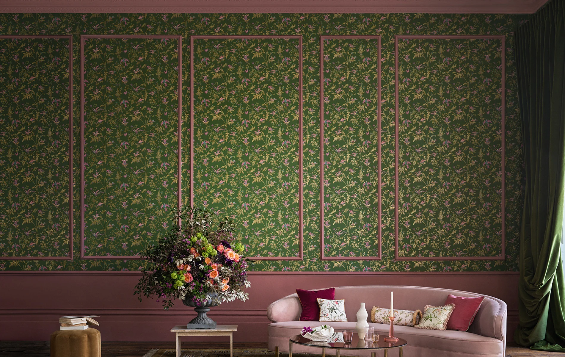 living room with pink sofa and a beautiful wallpaper, green tropical wallpaper in pink panelling, designer wallpaper for room