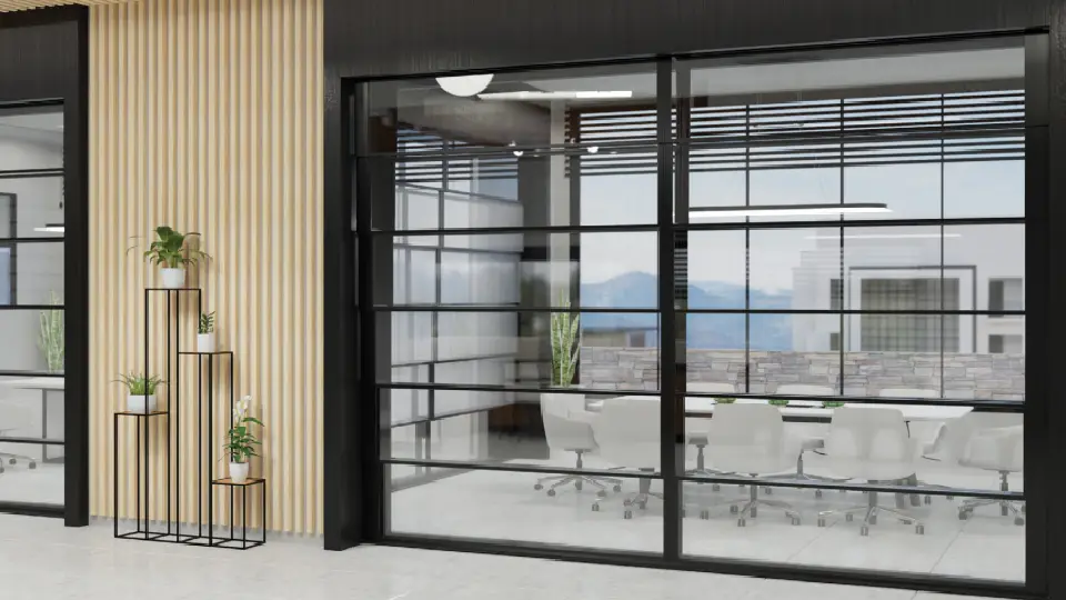 premium skyfold vertically retractable wall system in an office