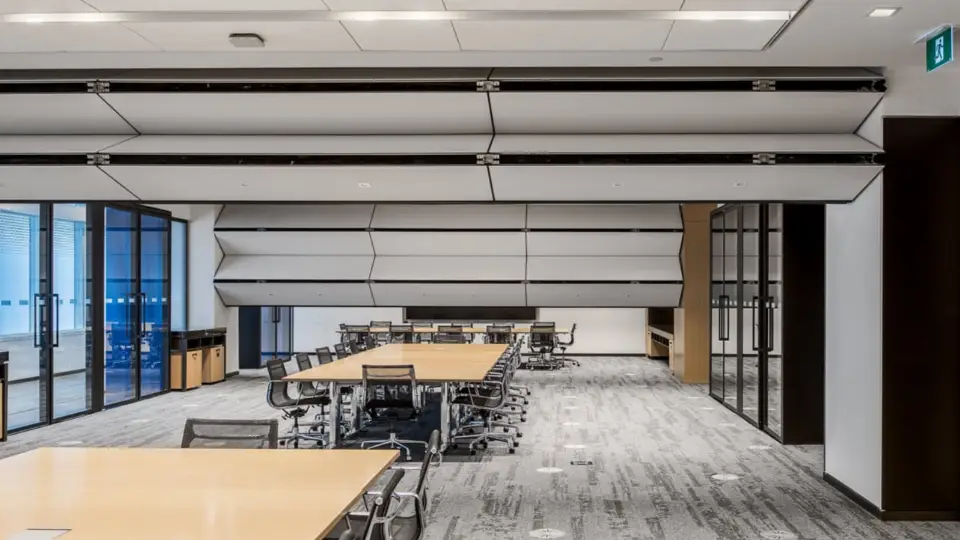 thoughtfully designed workspace with brown wooden tables