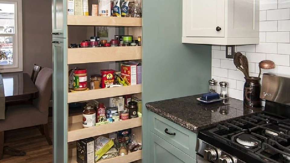 kitchen cabinet dimensions for pantry, blue shelves